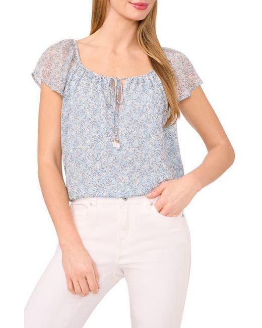 Cece Blue Floral Flutter Sleeve Yoryu Top