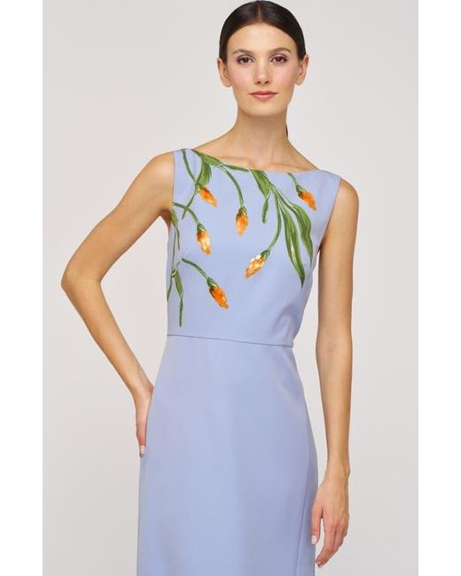 Kay Unger Blue Ira Placed Paillette Floral Column Gown