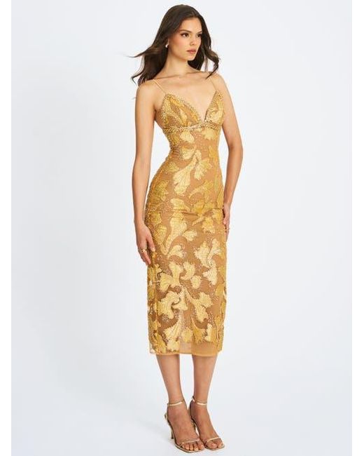 Miss Circle Metallic Edie Beaded Sequin Midi Pencil Dress