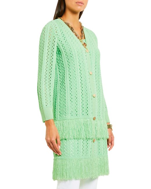 Misook Pointelle Fringe Cardigan in Green | Lyst