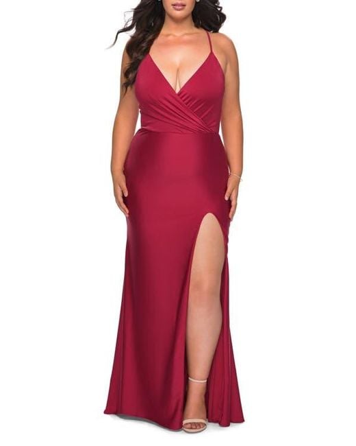 La Femme Jersey Dress For Curves With Slit And Criss Cross Back in Red ...