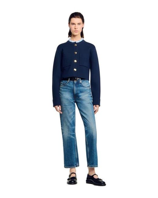 Sandro Blue Cardigan With Detachable Ruffle Collar