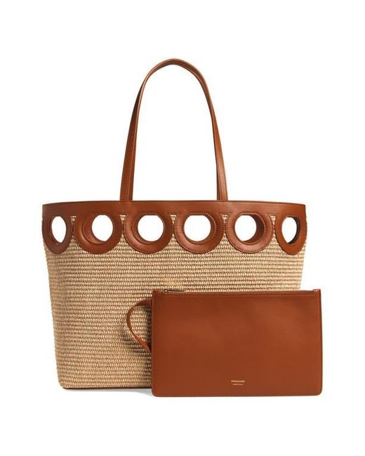 Ferragamo Brown Medium Gancini Frame Perforated Raffia & Leather Tote