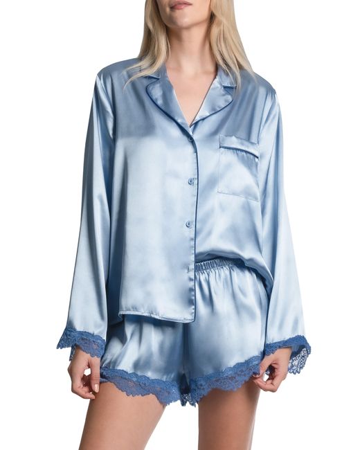 In Bloom Blue Felicity Lace Trim Long Sleeve Satin Shorts Pajamas