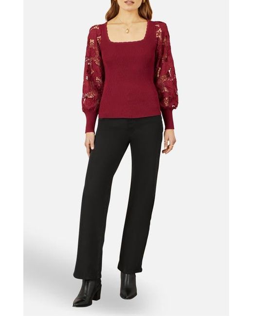 Yumi' Red Ribbed Knitted Lace Sleeve Top