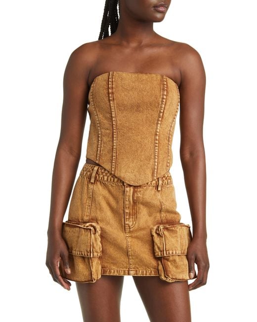 BY.DYLN By. Dyln Houston Strapless Denim Corset Top in Brown