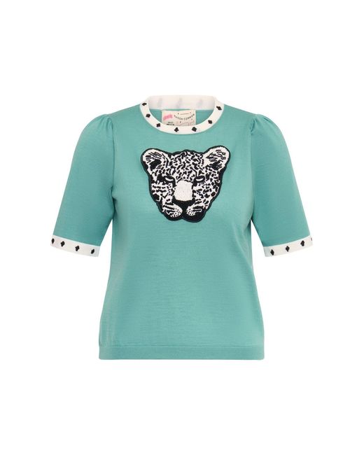 Maison Common Green Light Pullover With Contrast Piping With Leopard Head Application