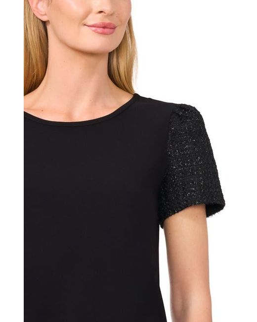 Cece Black Mixed Media Tweed Sleeve Top