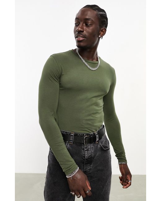 ASOS Green Muscle Fit Long Sleeve Stretch Cotton T-shirt for men