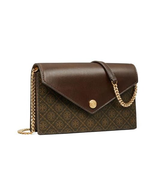 Tory Burch Brown T Monogram Coated Canvas & Leather Envelope Wallet On A Chain