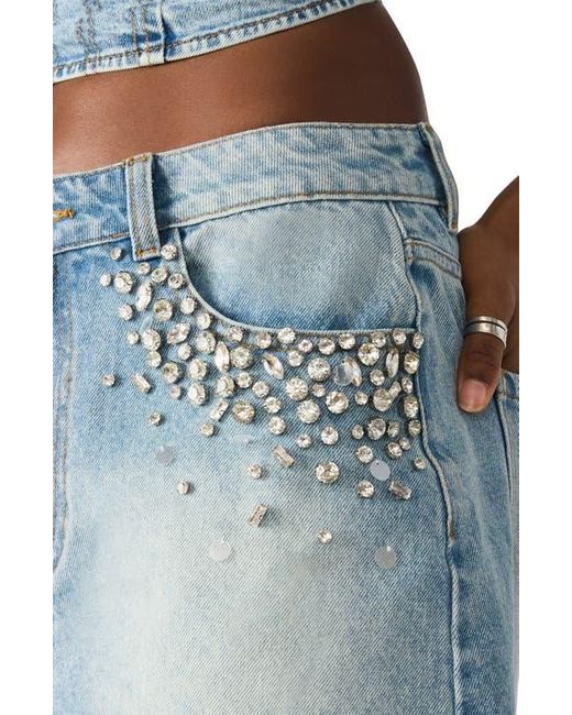 Steve Madden Blue Eras Rhinestone Raw Hem Denim Miniskirt