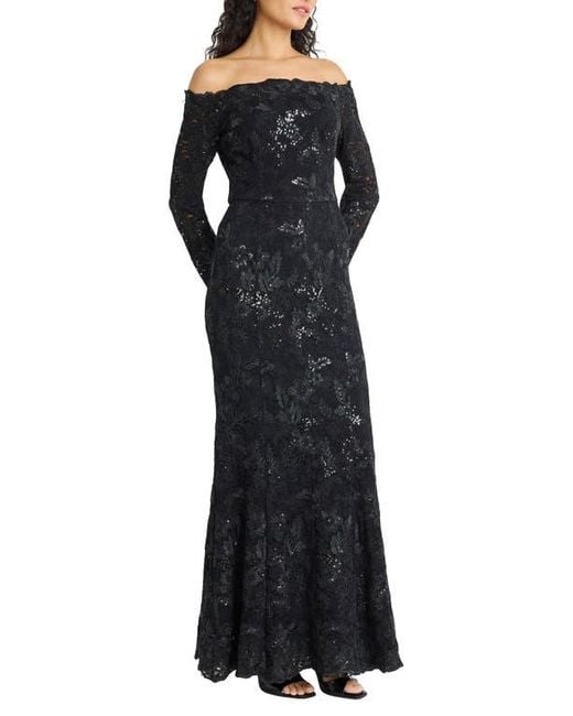Maggy London Black Embellished Off The Shoulder Long Sleeve Gown
