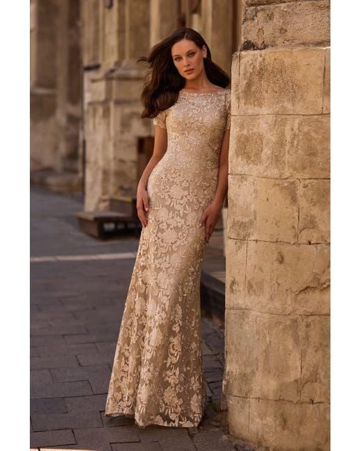 La Femme Brown Beautiful Lace Mother Of The Bride Dress With Short Sleeves