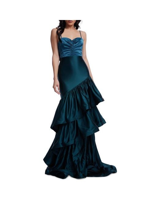 Dress the Population Blue Clarice Tiered Ruffle Satin Gown