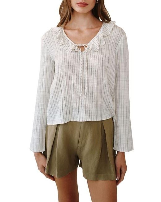 Bella Dahl Gray Stripe Ruffle Tie Neck Seersucker Top