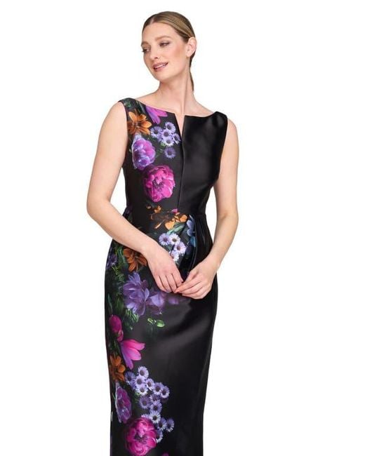 Kay Unger Blue Helene Placed Floral Print Column Gown