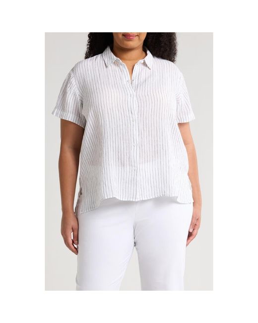 Eileen Fisher White Stripe Organic Linen Button-Up Shirt