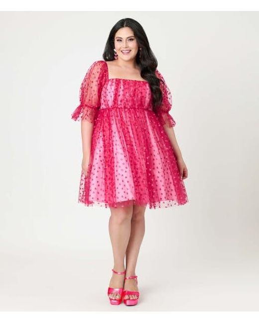 hot pink puff sleeve babydoll dress Smak Parlour Plus Size Love Interest in cute pink babydoll dress