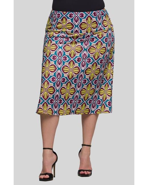 24seven Comfort Apparel Blue Geo Print Elastic Waist Midi Skirt