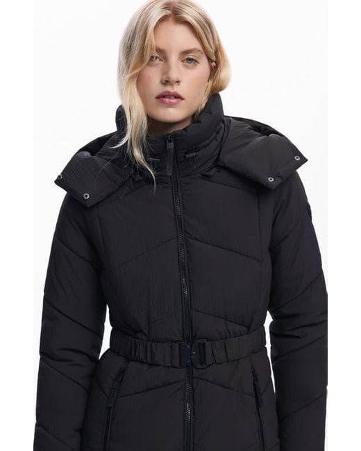 Desigual Black Quilted Puffer Coat With Removable Hood