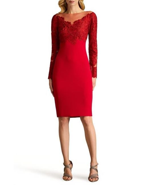 Tadashi Shoji Red Lace Bodice Long Sleeve Cocktail Sheath Dress