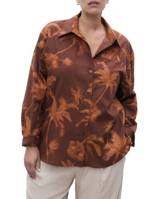 Mango Brown Palm Print Cotton Button-Up Shirt