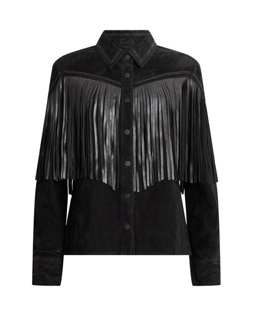 AllSaints Black Cleo Western Leather Fringe Suede Shirt Jacket