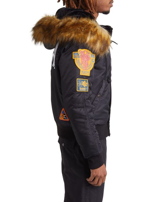 BBCICECREAM Blue Eucalyptus Faux Fur Trim Graphic Hooded Bomber Jacket for men