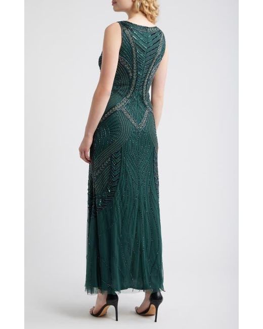 Pisarro Nights Green Beaded Chevron Sleeveless A-Line Gown