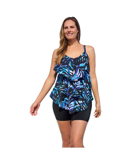Swim 365 Blue Longer-Length Tiered-Ruffle Tankini Top