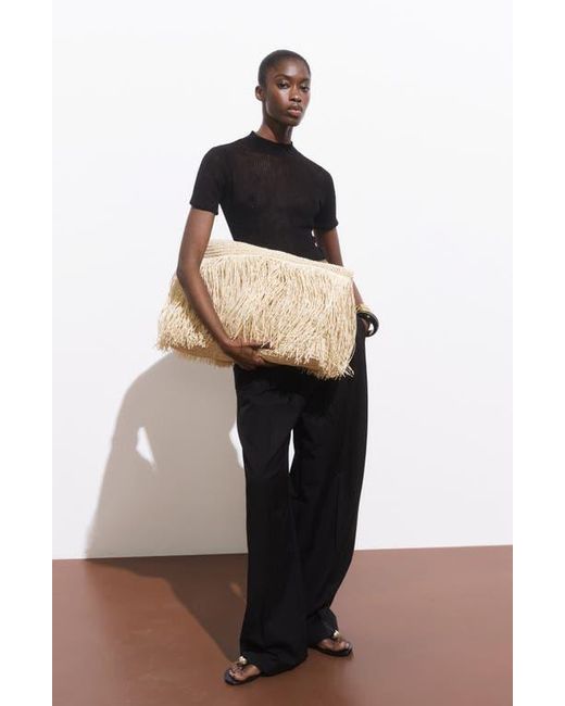 Mango Metallic Natural Fiber Shoulder Bag With Fringe