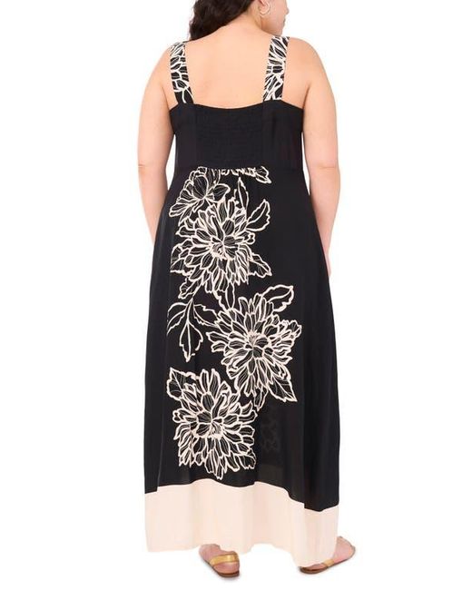 Vince Camuto Black Plus Size Floral Square-neck Smocked-back Sleeveless Maxi Dress