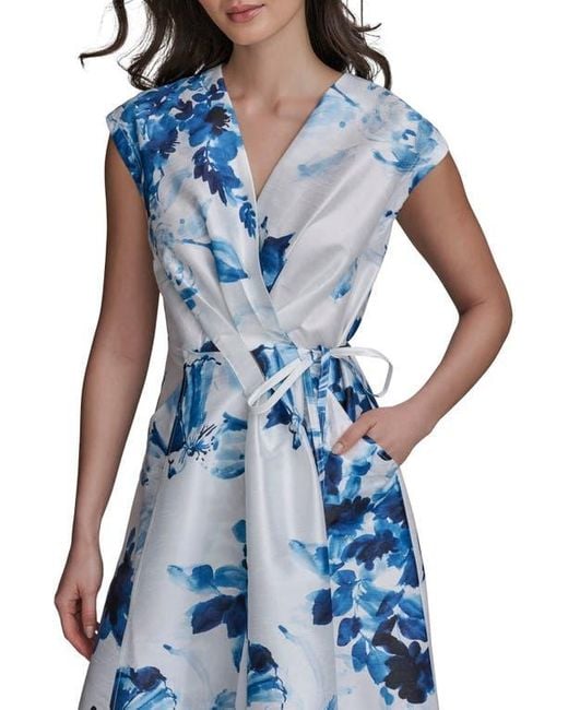 Donna Karan Blue Floral Wrap Cocktail Dress