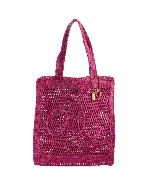 Chloé Pink Summer Banana Crochet Raffia Tote Bag