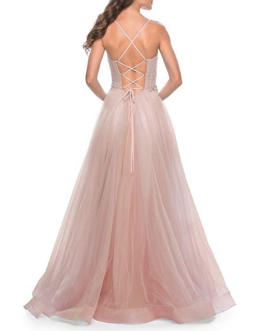 La Femme Pink A-Line Prom Gown With Ruched Bodice And Rhinestone Belt Detail
