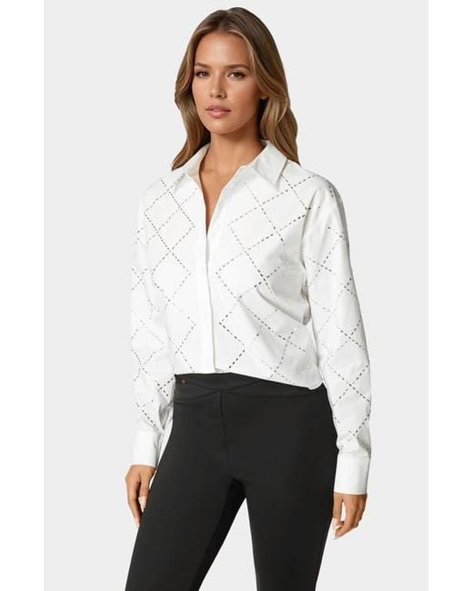 Bebe White Rhinestone Long Sleeve Blouse