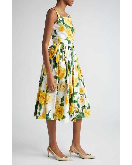 Dolce & Gabbana Yellow Rose Print Pleated Cotton Midi Dress