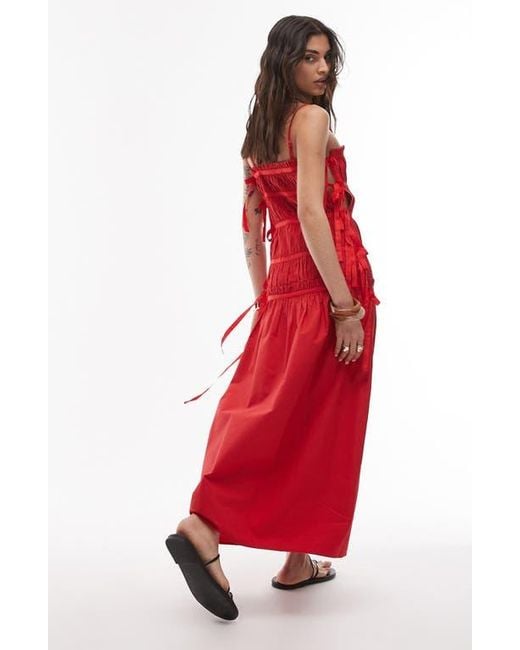 TOPSHOP Red Ruched Cotton Poplin Midi Dress