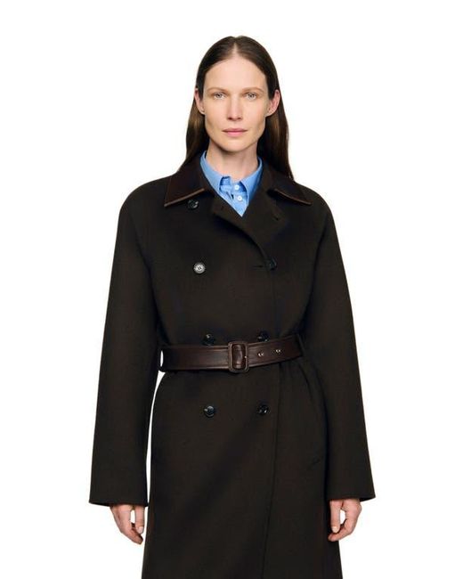 Sandro Black Long Wool And Leather Coat