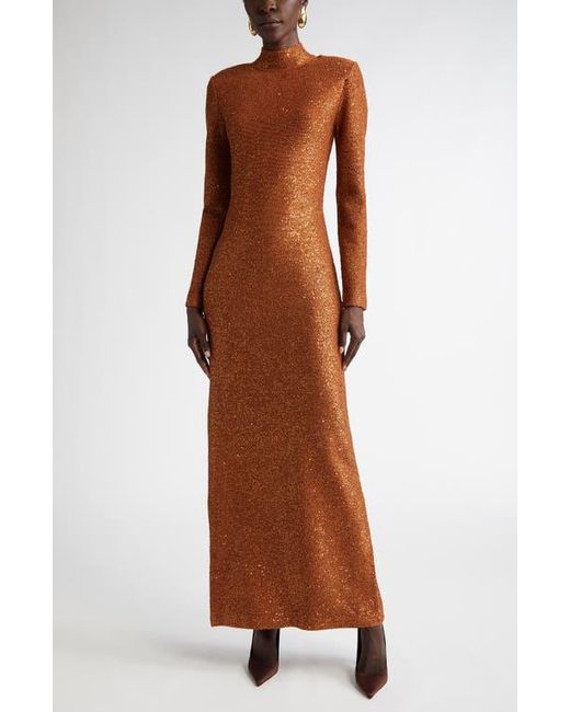 St. John Brown Sequin Long Sleeve Mock Neck Column Gown