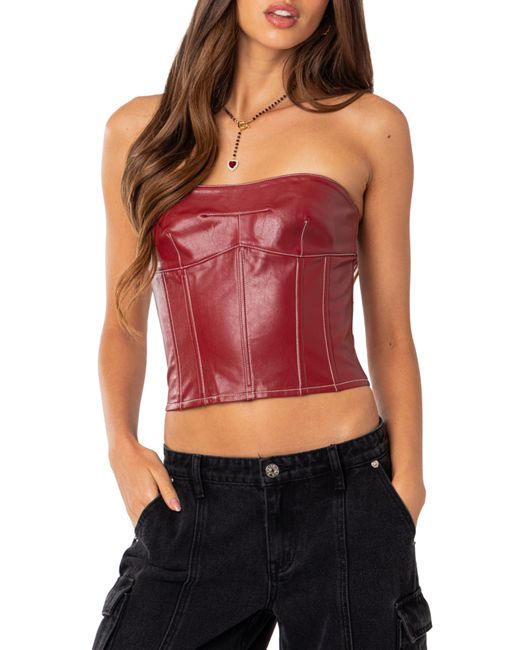 Edikted Red Moss Lace-up Strapless Faux Leather Corset Top