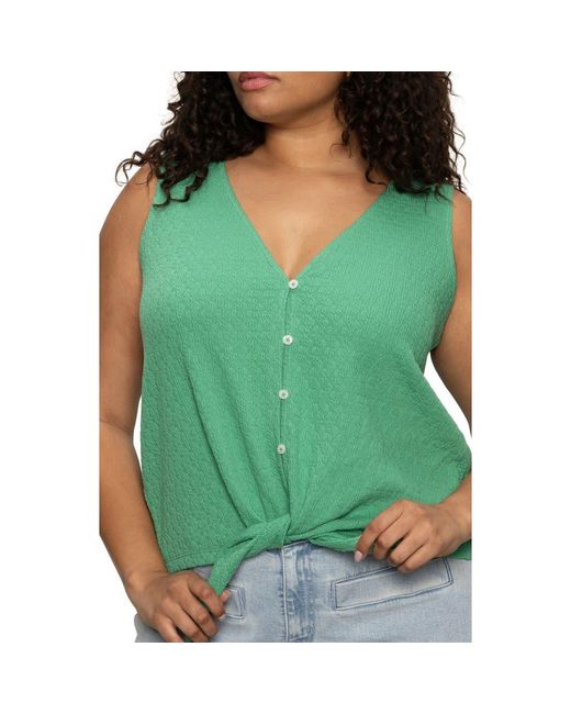 Sanctuary Green Vacation Textured Tie Front Button-Up Tank