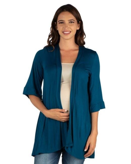24seven Comfort Apparel Blue Maternity Open Front Elbow Length Sleeve Cardigan
