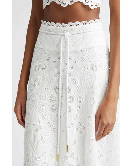 Zimmermann White Ottie High Waist Handkerchief Hem Guipure Lace Cotton Skirt