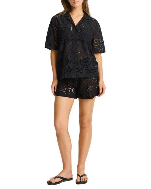 Sea Level Black Ibiza Cotton Eyelet Cover-Up Bowling Shirt