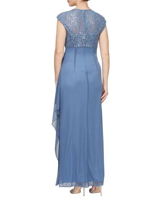 Alex Evenings Blue Sequin Lace Bodice Empire Waist Gown