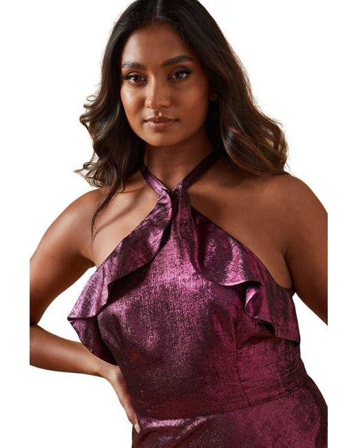 Oasis Purple Foil Halterneck Ruffle Foil Midaxi Dress