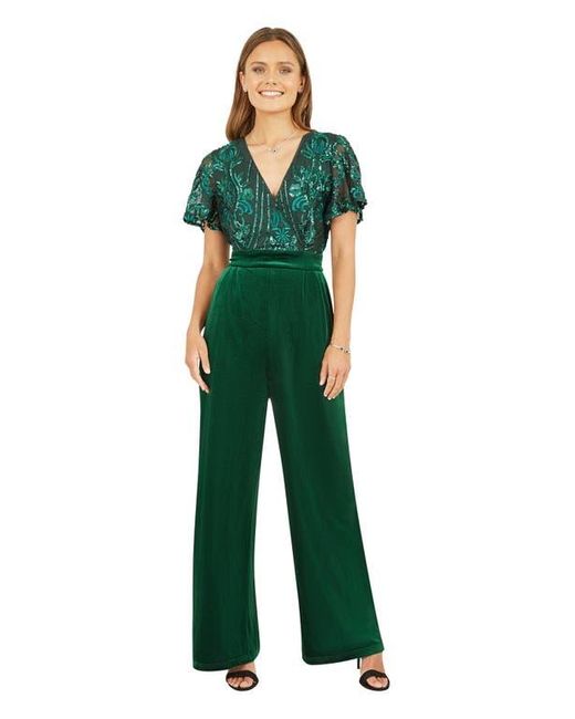 Yumi' Women's Green Wrap Sequin Embellished Velvet Jumpsuit