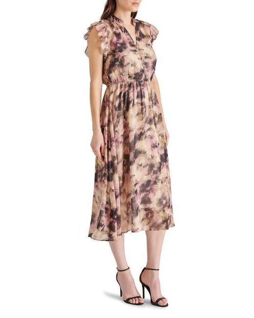 Steve Madden Natural Allegra Abstract Print Ruffle Chiffon Midi Dress