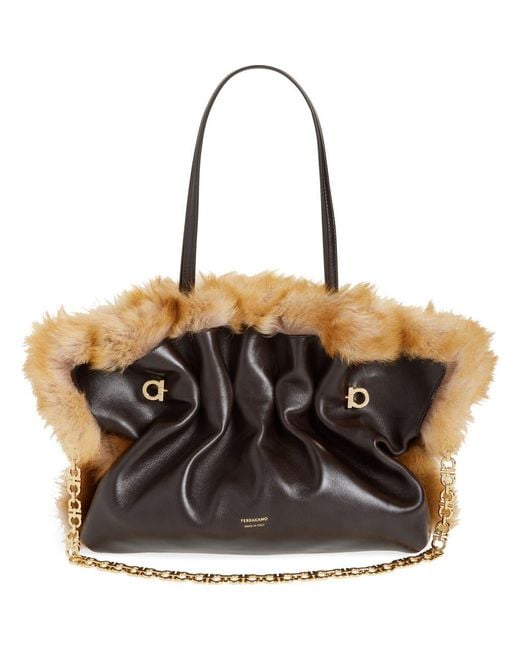 Ferragamo Black Medium Gancio Piercing Soft Leather & Genuine Shearling Shoulder Bag
